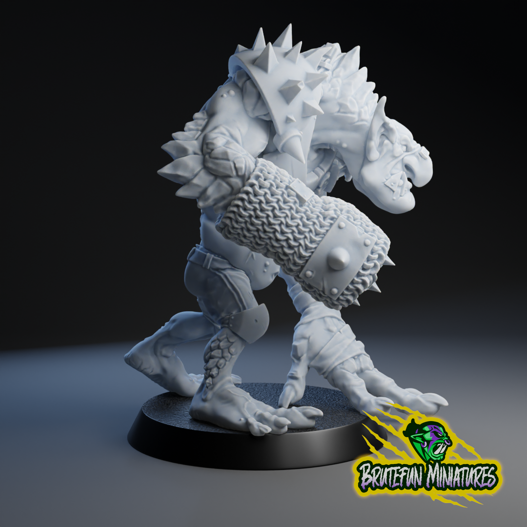 A 3D rendering of a heavily armored and battle-ready fantasy creature, possibly a dragon or a similar mythical creature, standing on a platform and holding a large weapon.