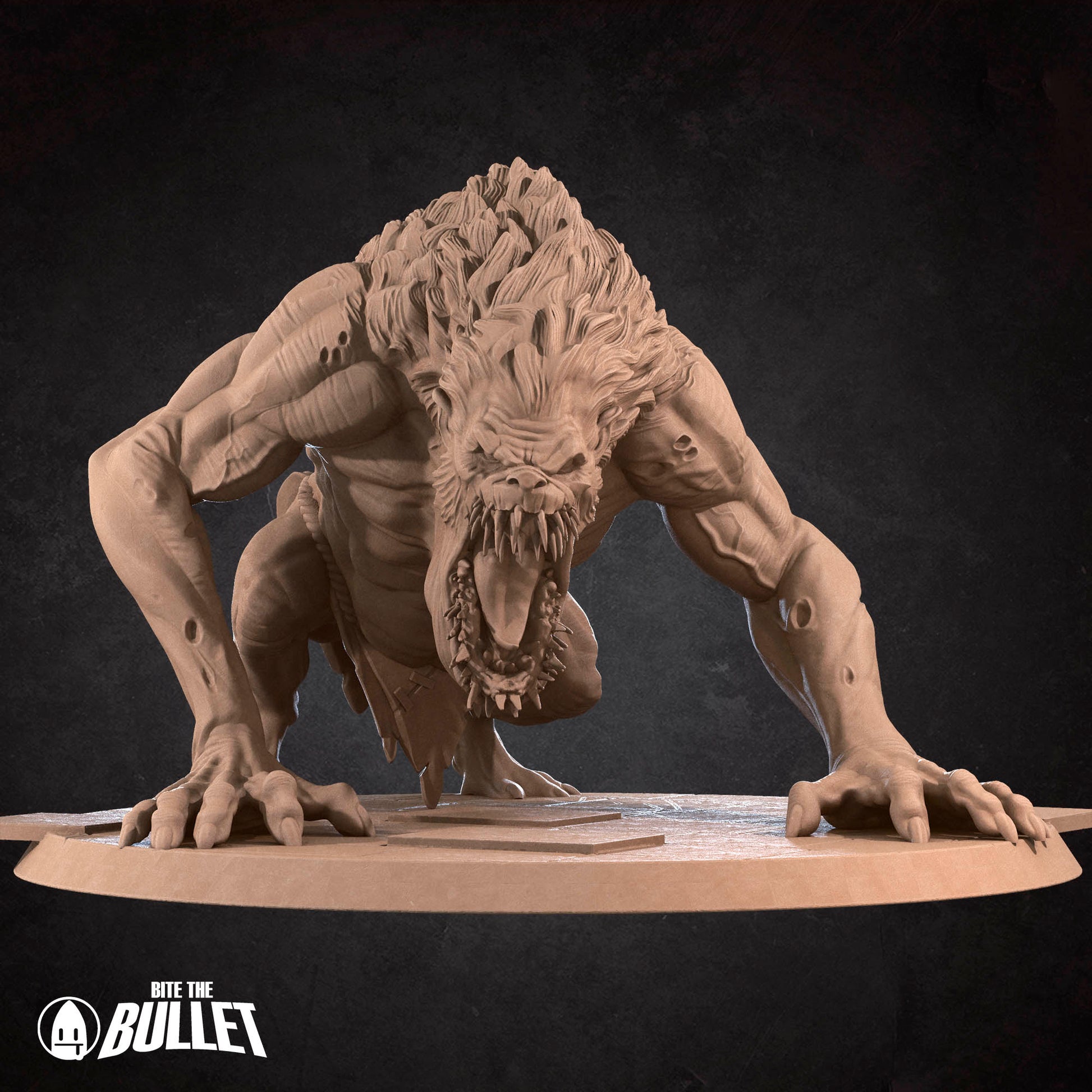 A 3D rendering of a fierce-looking monster with sharp teeth and claws, crouching on a platform and appearing ready to attack.