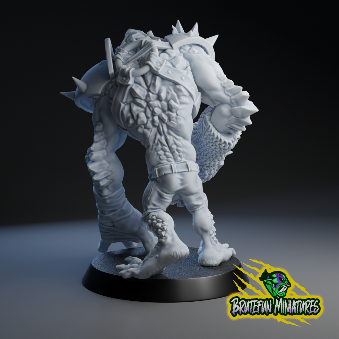 A 3D model of a fantastical creature with a large head, sharp teeth, and a muscular body, standing on a base.