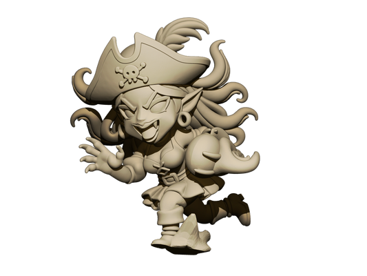 A 3D model of a pirate character with a pirate hat, sword, and other pirate-related accessories.