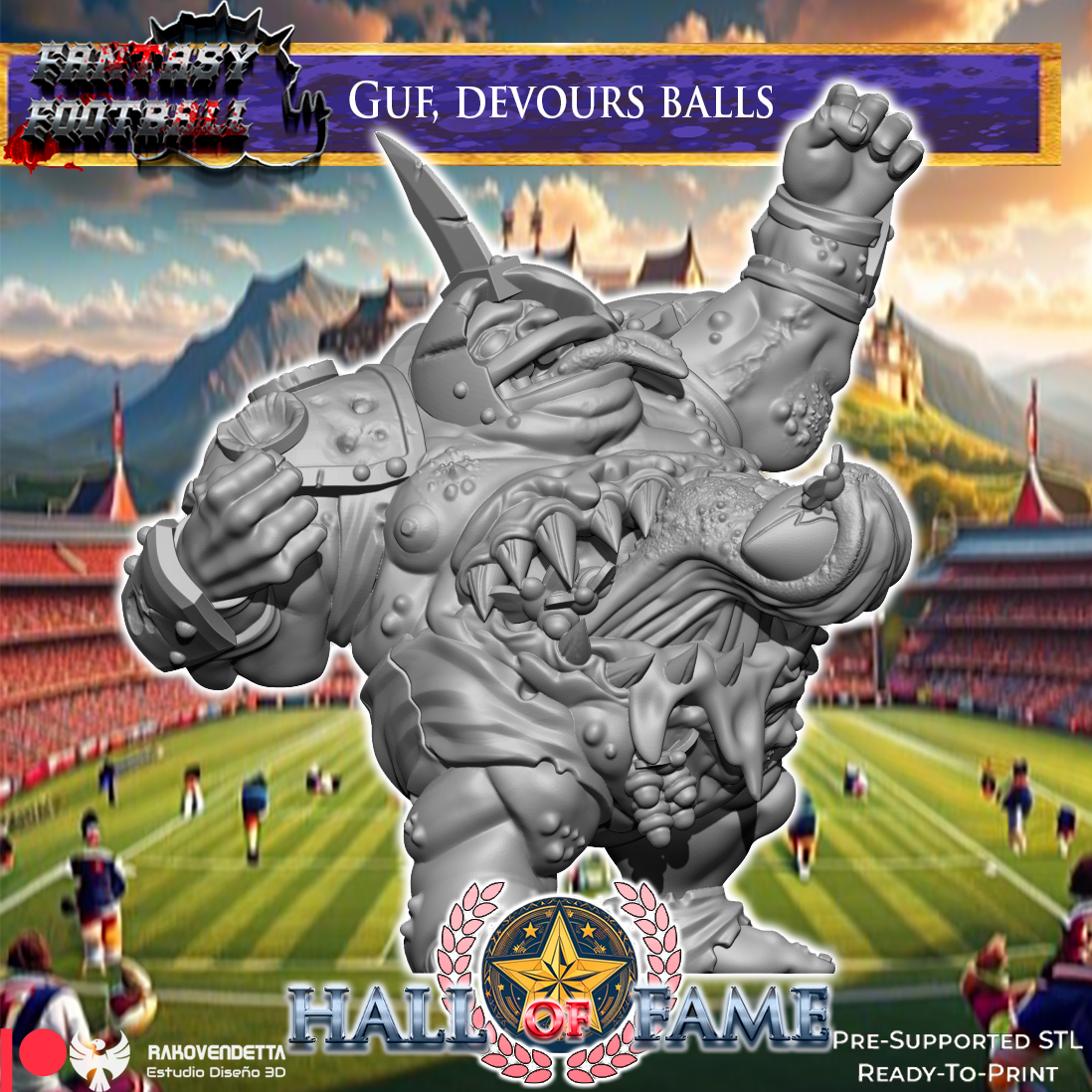 The image is a promotional poster for a fantasy football game called "GUE, DEVOURS balls". It features a large, imposing fantasy football player with a fierce expression, standing on a football field with a stadium in the background. The player is wearing a helmet and has a large, menacing-looking creature on his back. The poster includes various text elements such as "FANTASY FOOTBALL", "GUE", "DEVOURS", "BALLS", "HALL OF FAME", and "PRE-SUPPORTED SL".
