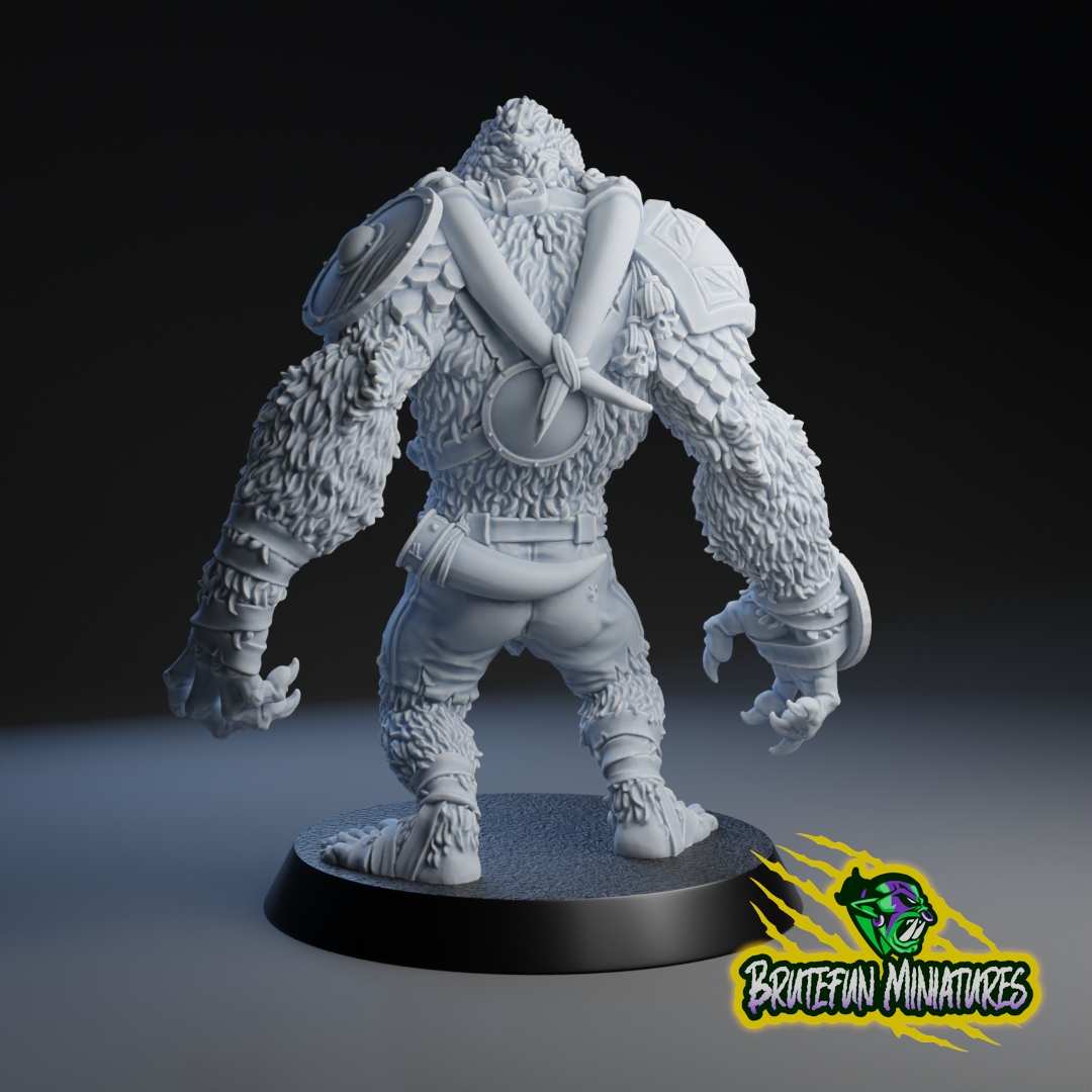 A 3D model of a large, furry creature with a backpack and a sword on its back, standing on a platform.