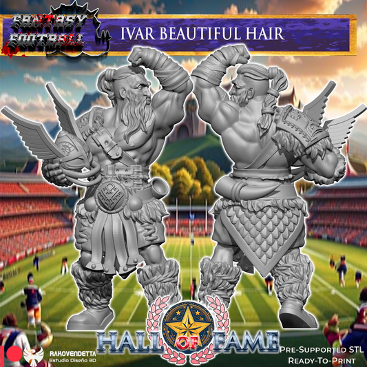 two large, muscular, winged figures with battle-ready stances, set against a backdrop of a football field and a castle.