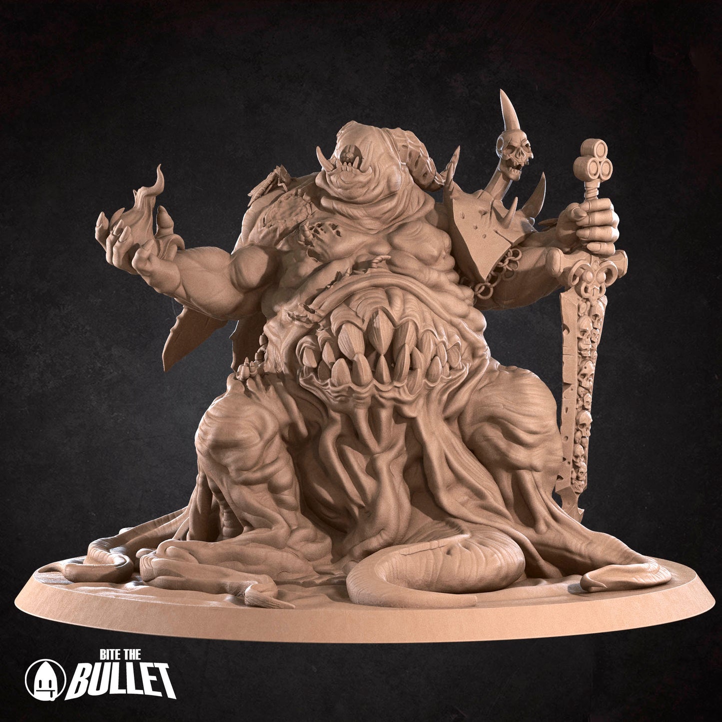A 3D rendering of a large, monstrous creature with a menacing expression, holding a weapon and surrounded by a dark, ominous background.