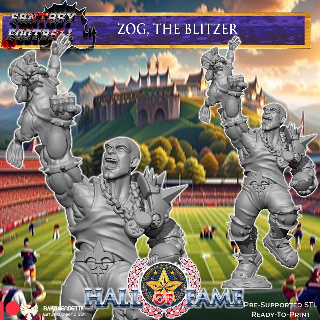 The image is a collage featuring two large, imposing statues of a muscular, armored figure, likely representing the character Zog from the fantasy football game Warhammer Fantasy Football. The statues are set against a backdrop of a football field and a castle, creating a visually striking and dynamic scene.