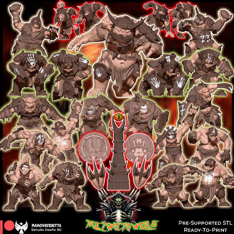 The Dark Towers | Complete Orcs Team | Fantasy Football | Txarli Factory | 3D Printed Miniature | 8K Quality Resin | Bases Included | TTRPG