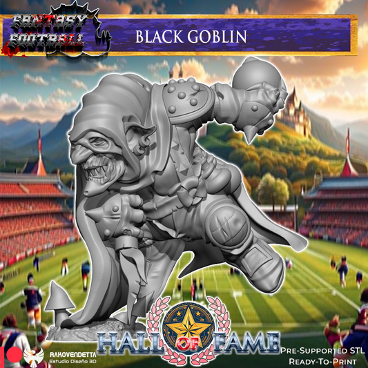 The image is a promotional poster for a fantasy football game called "Black Goblin". It features a large, detailed statue of a black gremlin-like creature with a football in its hand, set against a backdrop of a football field and a castle. The game is described as "PRE-SUPPORTED SL", which means it is ready to print. The poster includes various texts and logos related to the game, such as "FANTASY FOOTBALL", "Black Goblin", and "HATCH OF FAME".