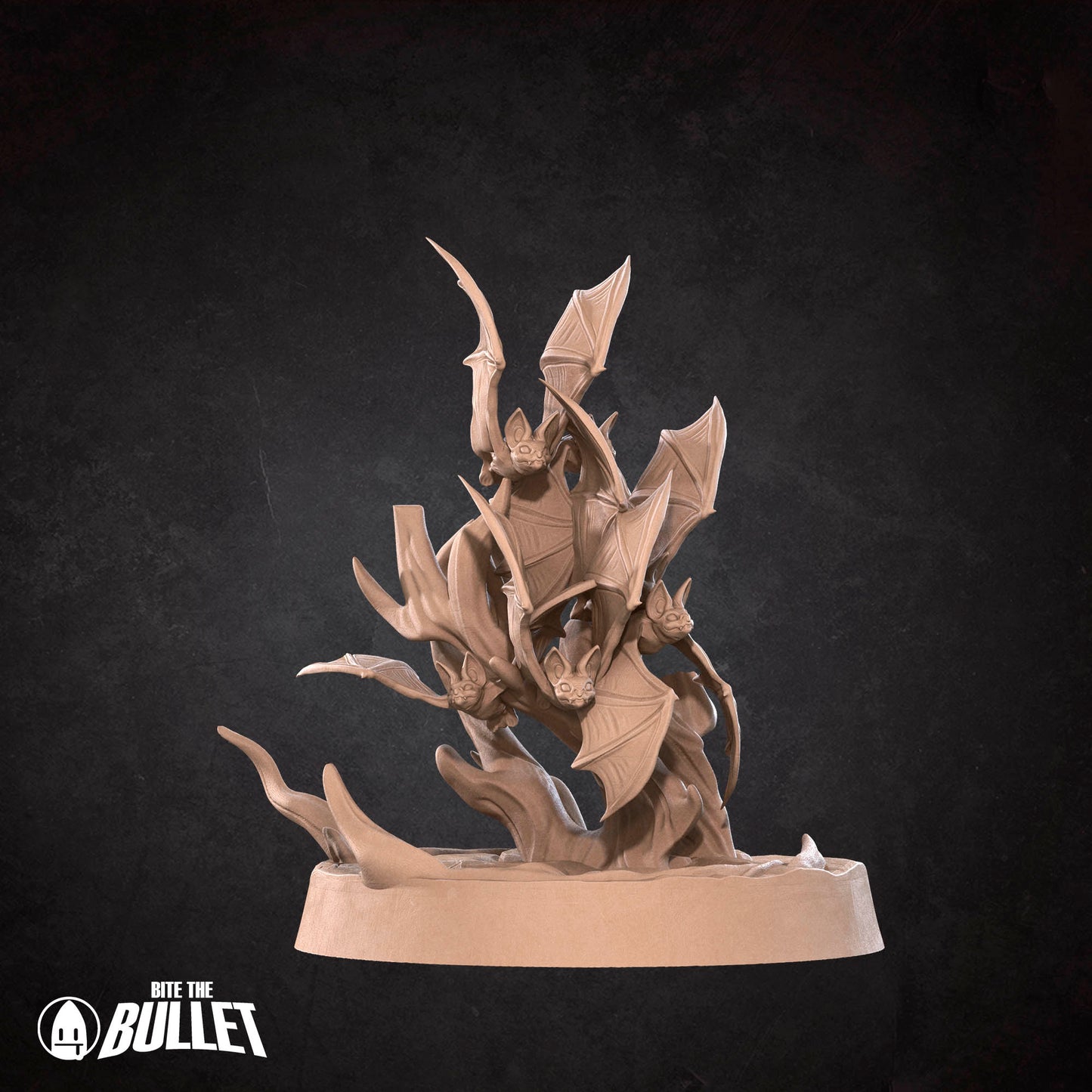 A 3D rendering of a bat-like creature with multiple wings, standing on a base against a dark background.