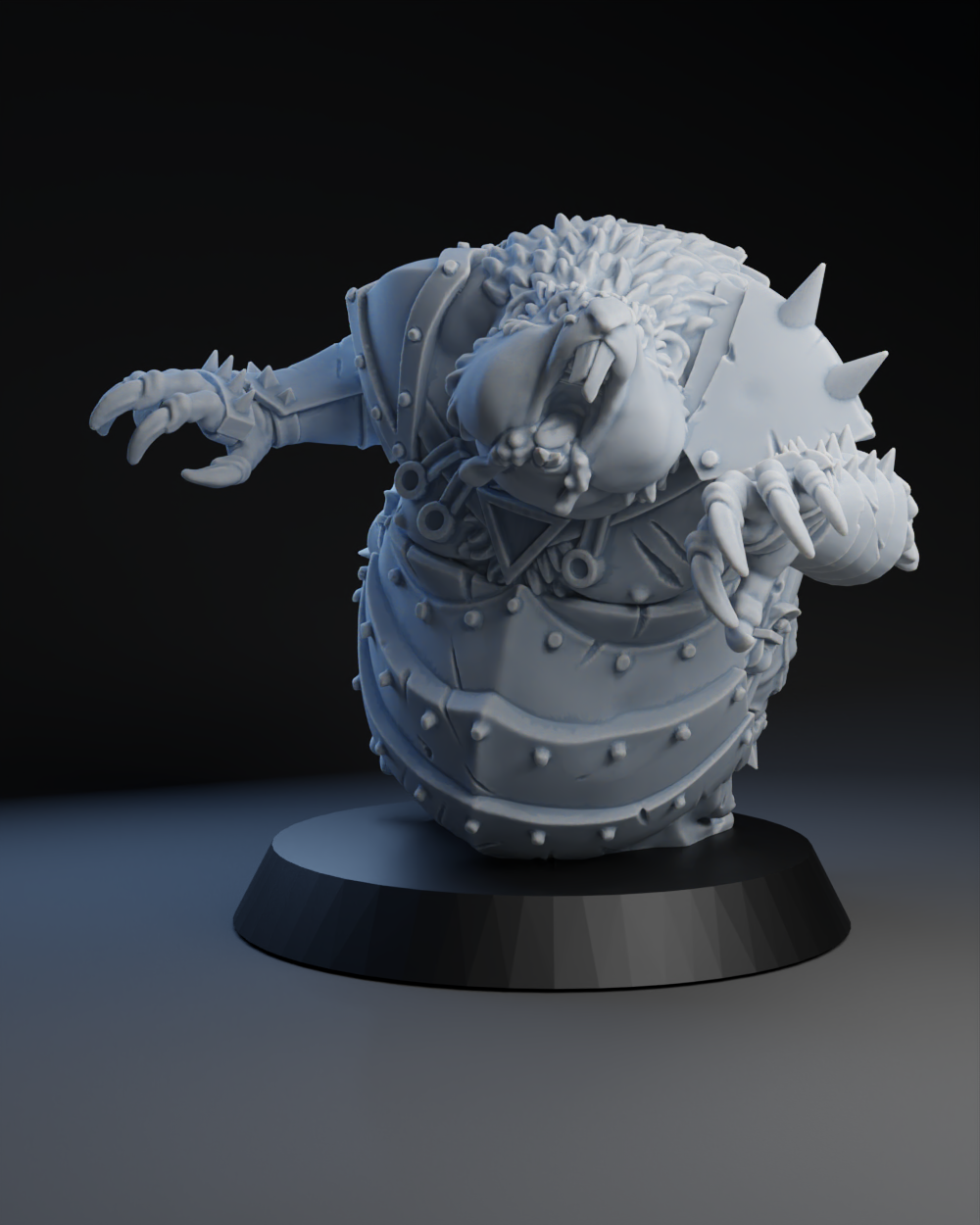 A 3D rendering of a detailed, armored figurine with spikes and a fierce expression, standing on a black base.