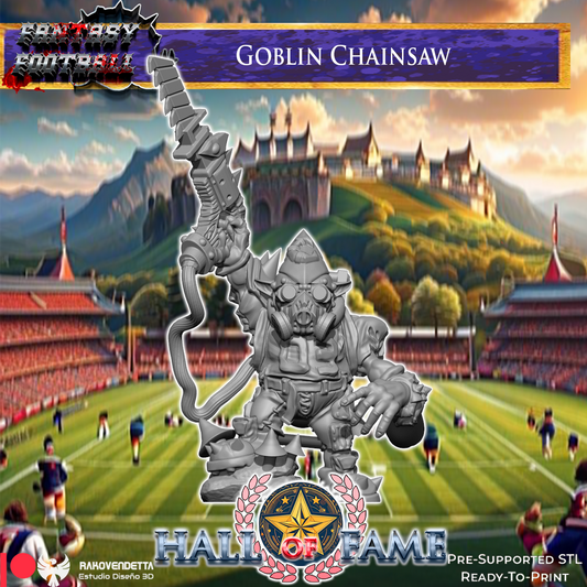 The image is a fantasy football advertisement featuring a large, imposing figure of a chainsaw-wielding warrior standing on a football field. The background depicts a castle and a stadium, creating a fantastical and adventurous atmosphere.