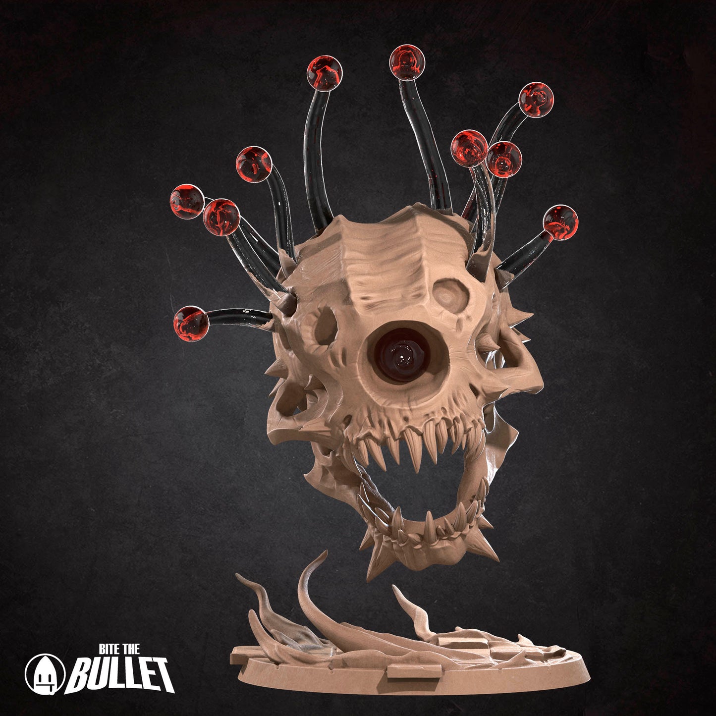 a skull-like object with sharp teeth and a large eye, surrounded by red spheres, possibly representing a futuristic or technological concept.