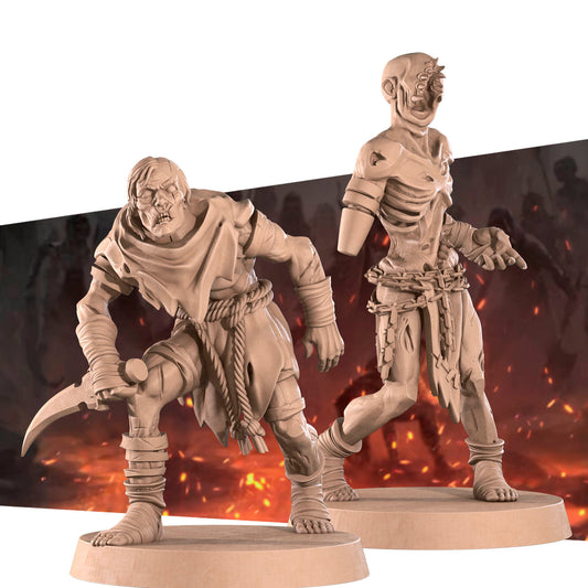 two sculptures of zombie-like figures, one standing and one kneeling, set against a fiery background.