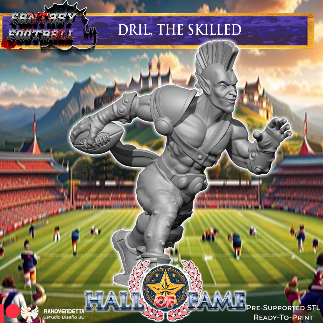 The image is a collage featuring a fantasy football player, specifically named Dril, the skilled player, in a stadium setting.
