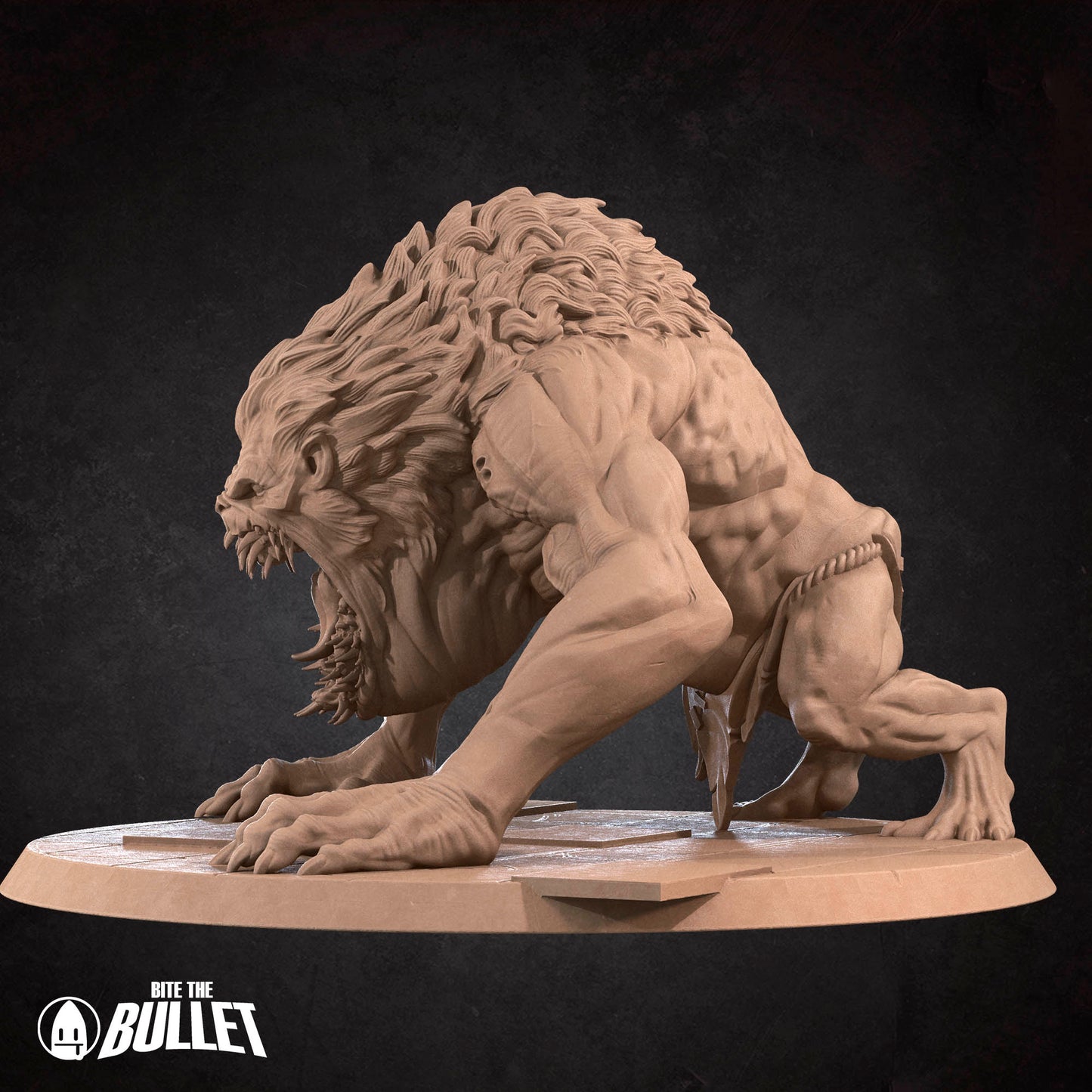 A 3D rendering of a fierce-looking creature with a lion-like appearance, standing on a platform.