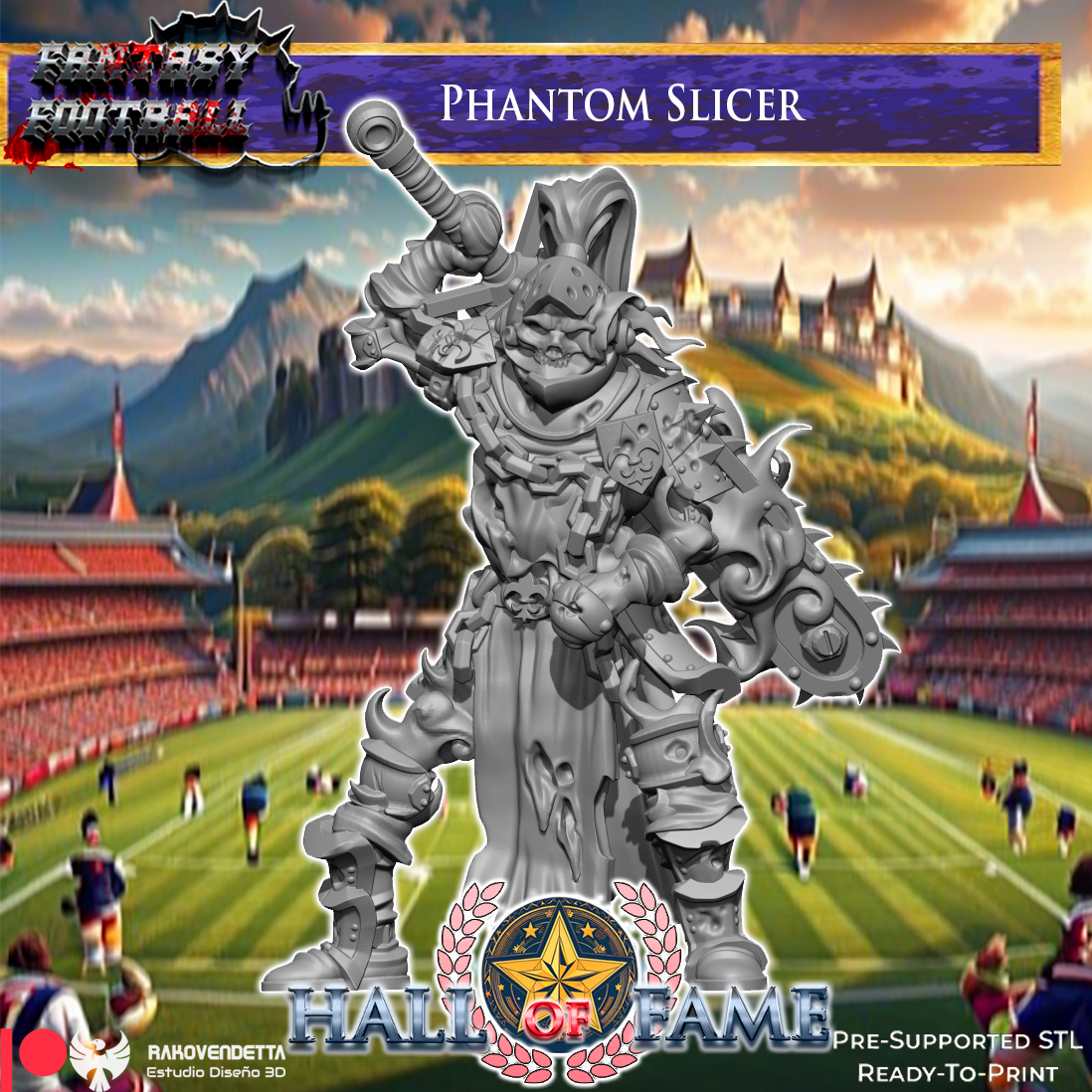 The image is a promotional poster for a fantasy football game called "Phantom Slice". It features a large statue of a fantasy football player, with a football field and stadium in the background. The player is holding a large weapon, and the overall design and color scheme suggest a fantasy football theme.