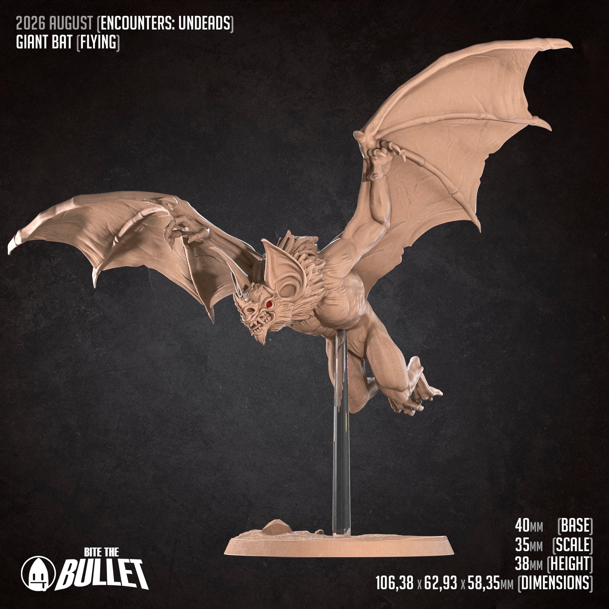 The image is a figurine of a bat-like creature, possibly a giant bat or a bat-like monster, posed in a dynamic flying position. The figurine is displayed on a stand, and there is text providing information about the figurine, including its dimensions and scale.