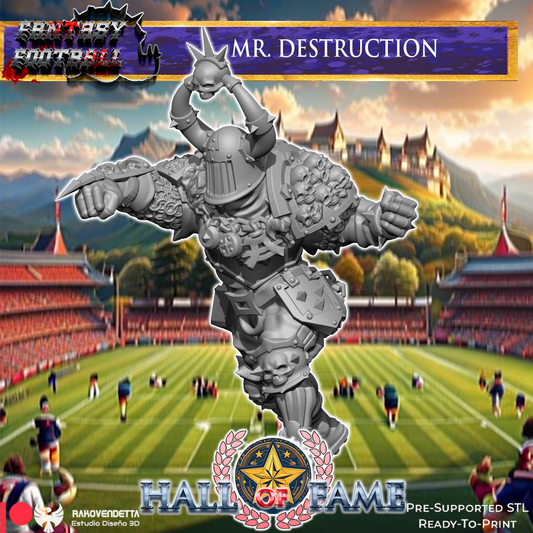 The image is a collage featuring a large statue of a man in a fighting stance, with a football field and stadium in the background.