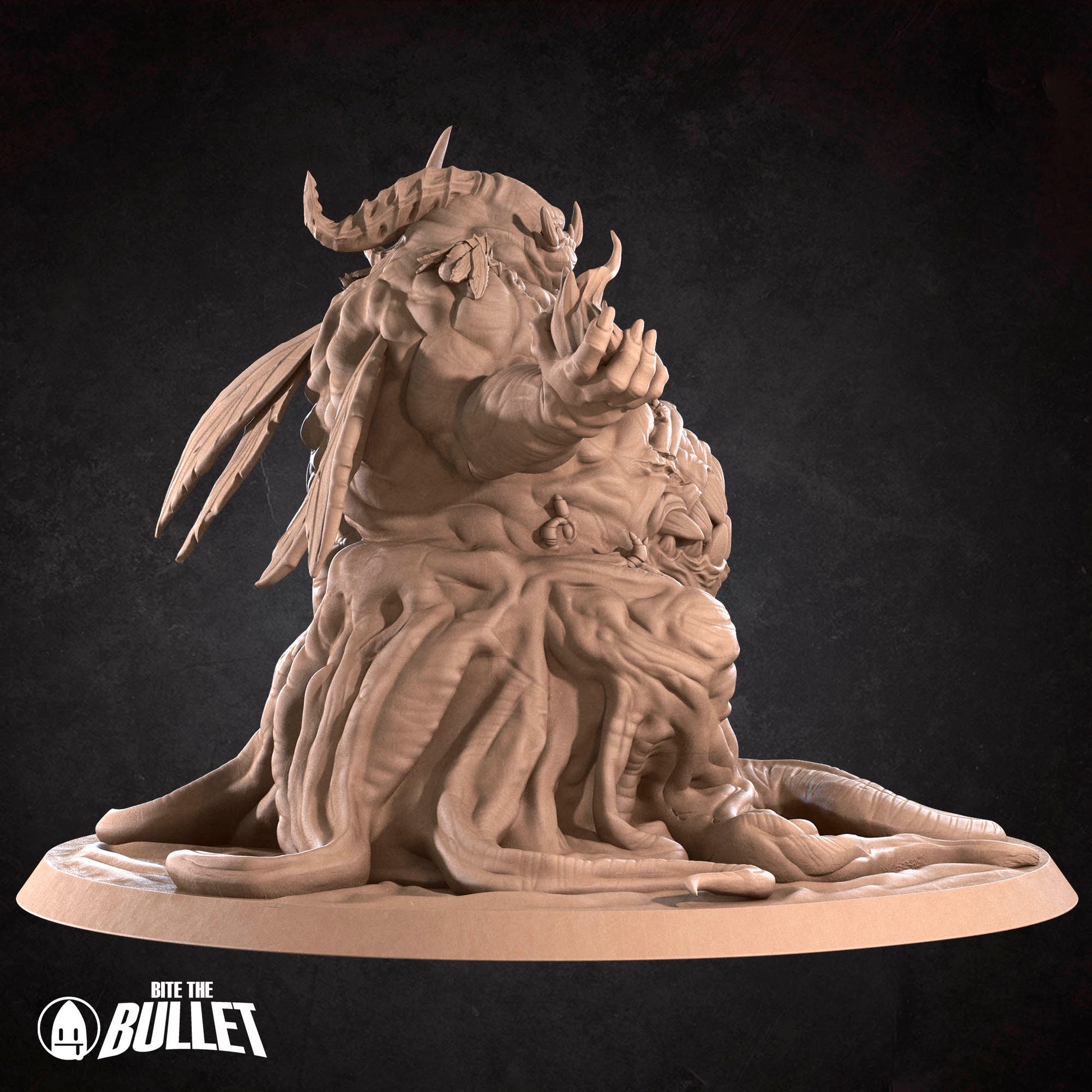 A 3D rendering of a fantastical creature with a large head, long neck, and intricate features, sitting on a base and holding a small object in its hands.