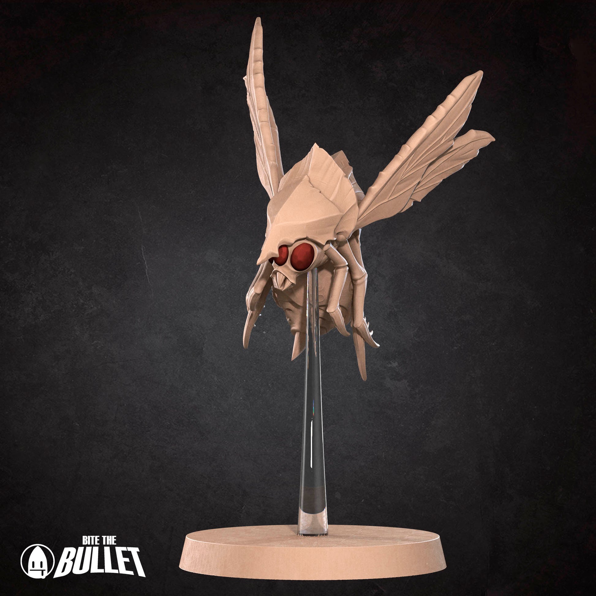 A 3D rendering of a stylized insect or bug with large wings and a red eye, displayed on a stand against a dark background.