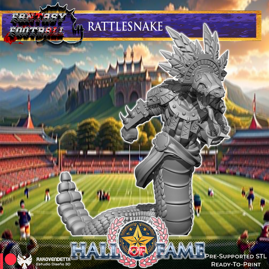 The image is a promotional poster for a fantasy football game called "Rattlesnake". It features a large statue of a rattlesnake with a human-like appearance, standing on a football field. The background includes a stadium and mountains, creating a fantastical setting for the game. The poster includes text that describes the game and its features, such as "RATTLESNAKE", "HALF-FAME", and "PRE-SUPPORTED SL".