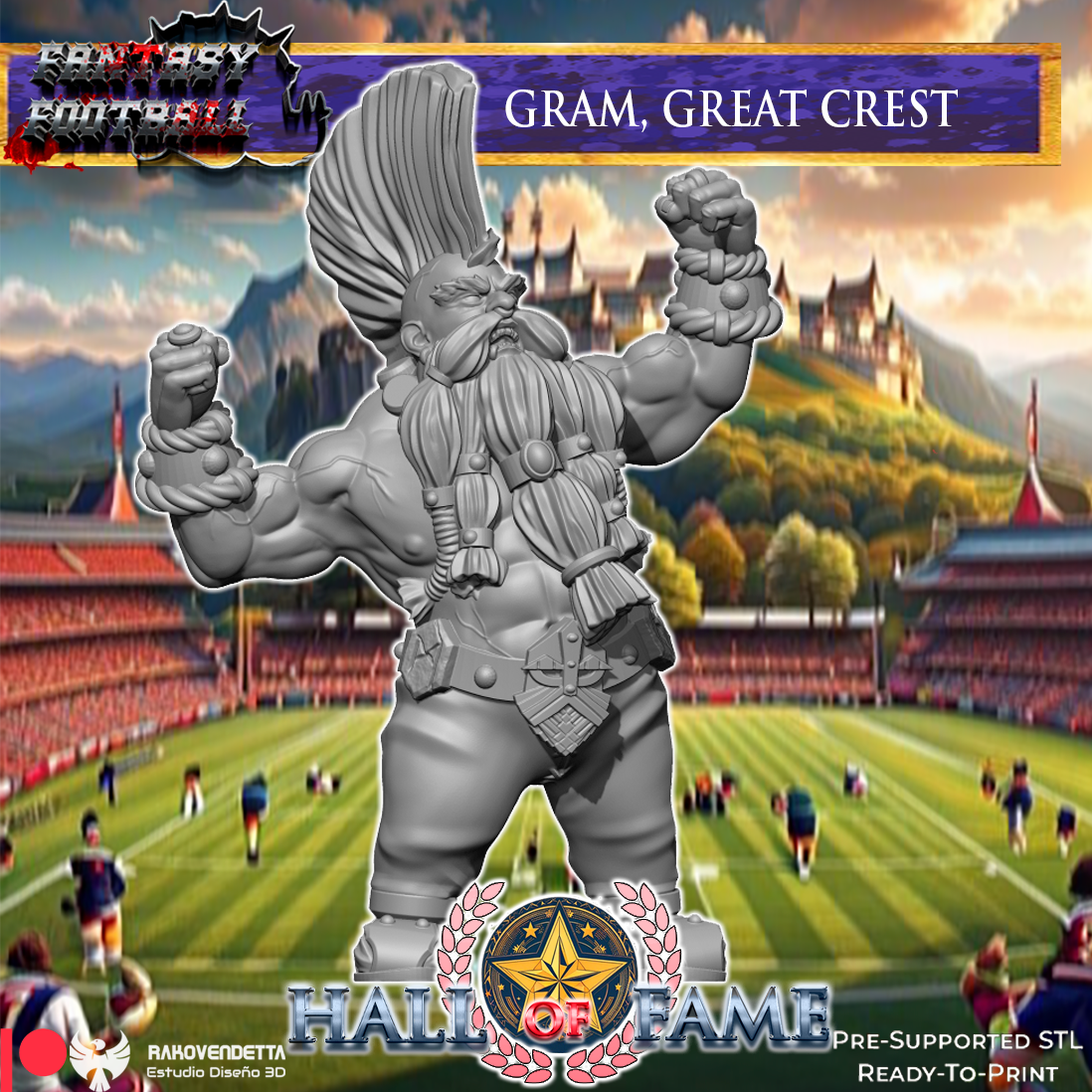 The image is a fantasy football advertisement featuring a large statue of a muscular dwarf or gnome with a large headdress, standing on a football field with a stadium in the background.