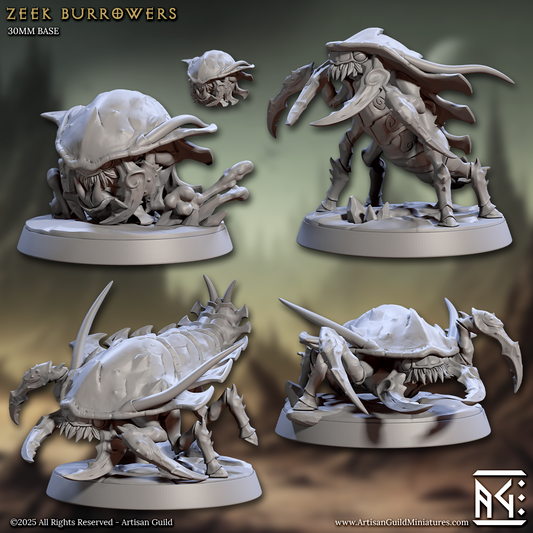four different views of a creepy-looking creature resembling a bug or insect, which appears to be a model or sculpture. The creature has a large head, long legs, and sharp teeth, giving it a menacing appearance. The image does not contain any text or additional objects, and the creature is the sole focus of the image.