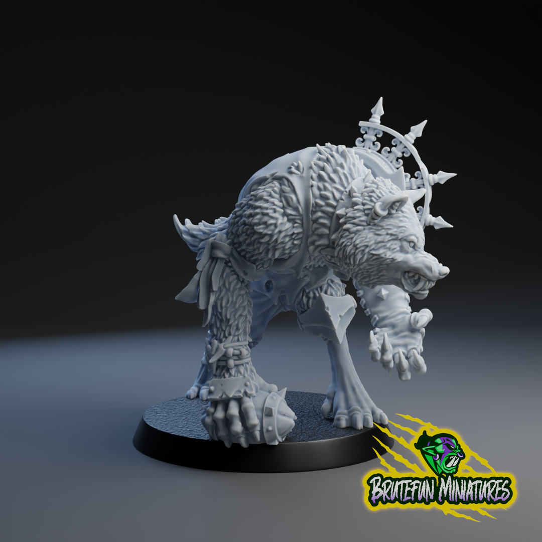 A 3D model of a fierce-looking wolf-like creature with sharp teeth and claws, standing on a platform and appearing ready for action.