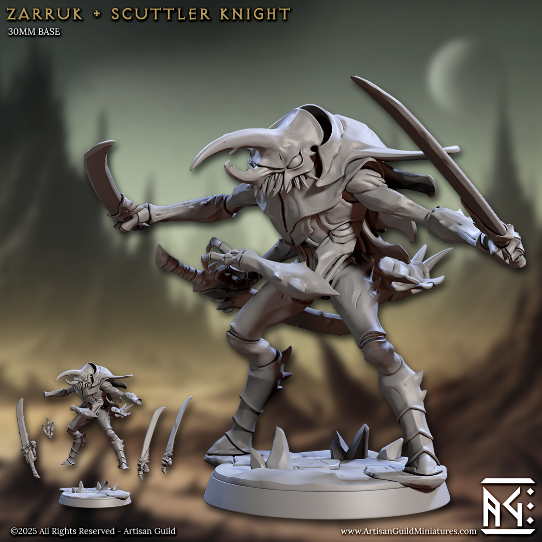 The image is a 3D model of a character from the video game "Zarrruk + Scuttler Knight" with a 30mm base. The character is shown in a dynamic fighting stance, wielding a sword and other weapons. The background features a dark, moody landscape with a crescent moon visible in the top right corner.