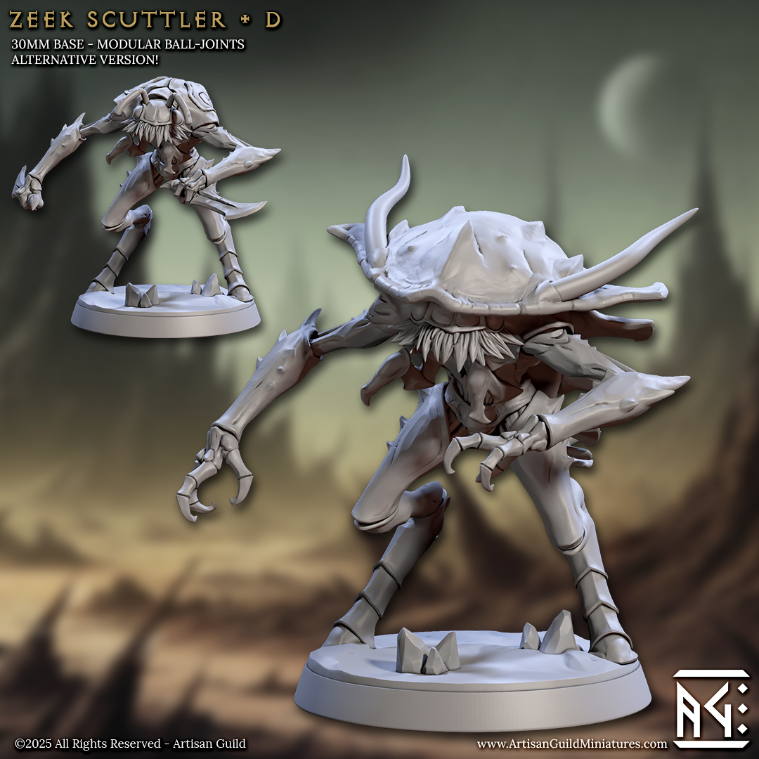 two detailed models of a futuristic creature, likely a type of alien or monster, with intricate details and a realistic appearance. The creature is shown in various poses, showcasing its unique features and design.