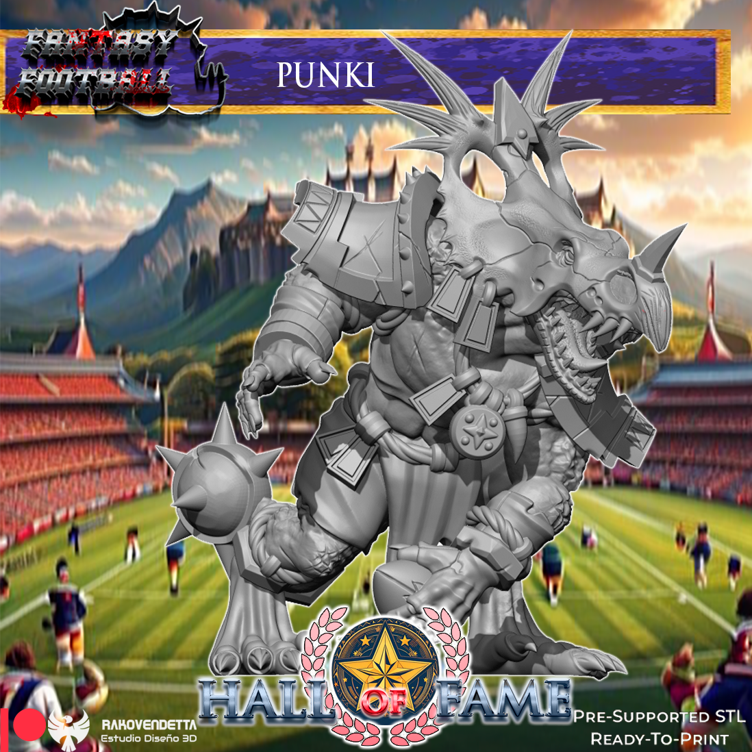 The image is a fantasy football poster featuring a large, armored dinosaur-like creature with spikes on its head, standing on a football field. The background includes a castle and a stadium, creating a fantasy football setting.