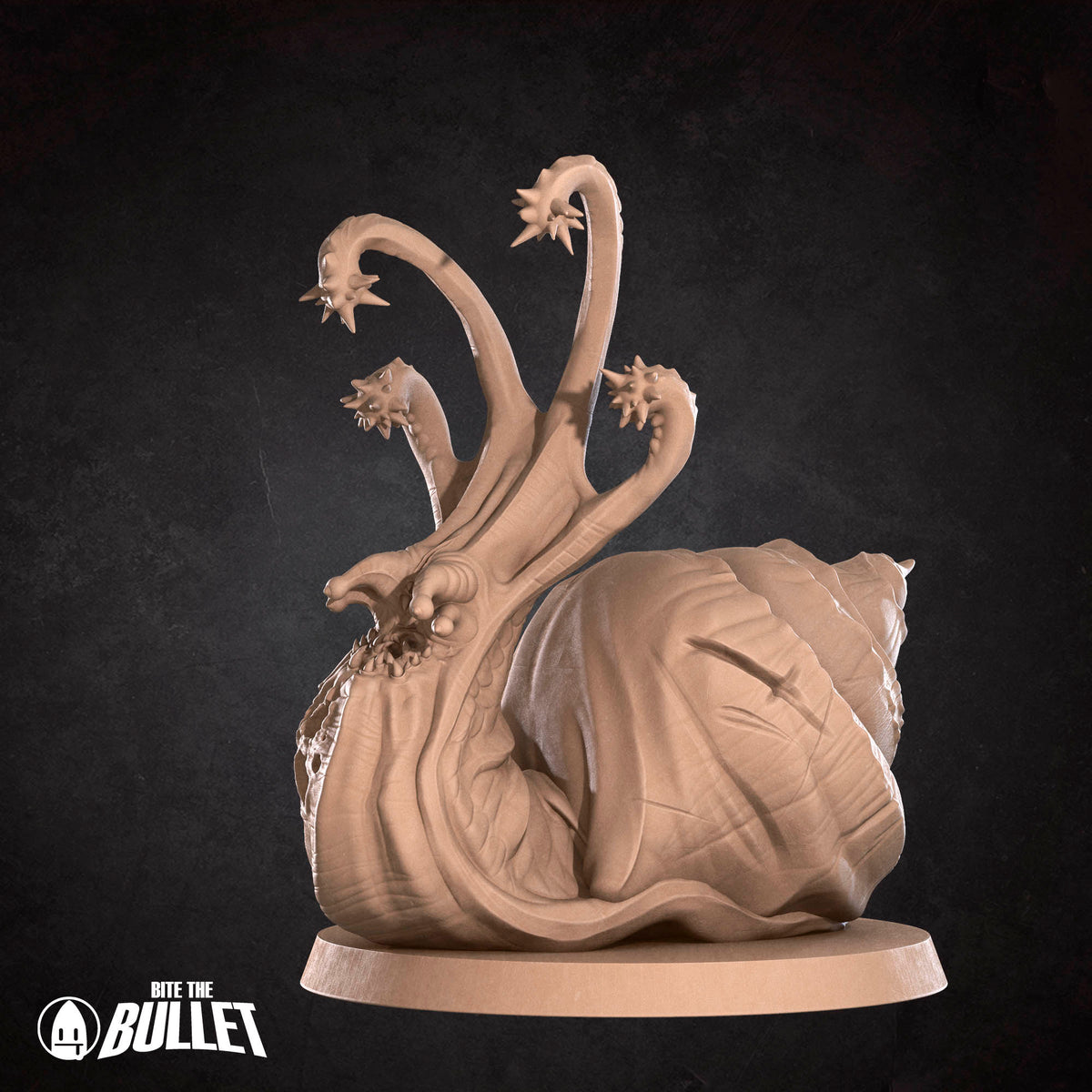 A 3D rendering of a large, intricate, and fantastical creature resembling a snail or sea slug, with multiple tentacles and sharp, pointed features.