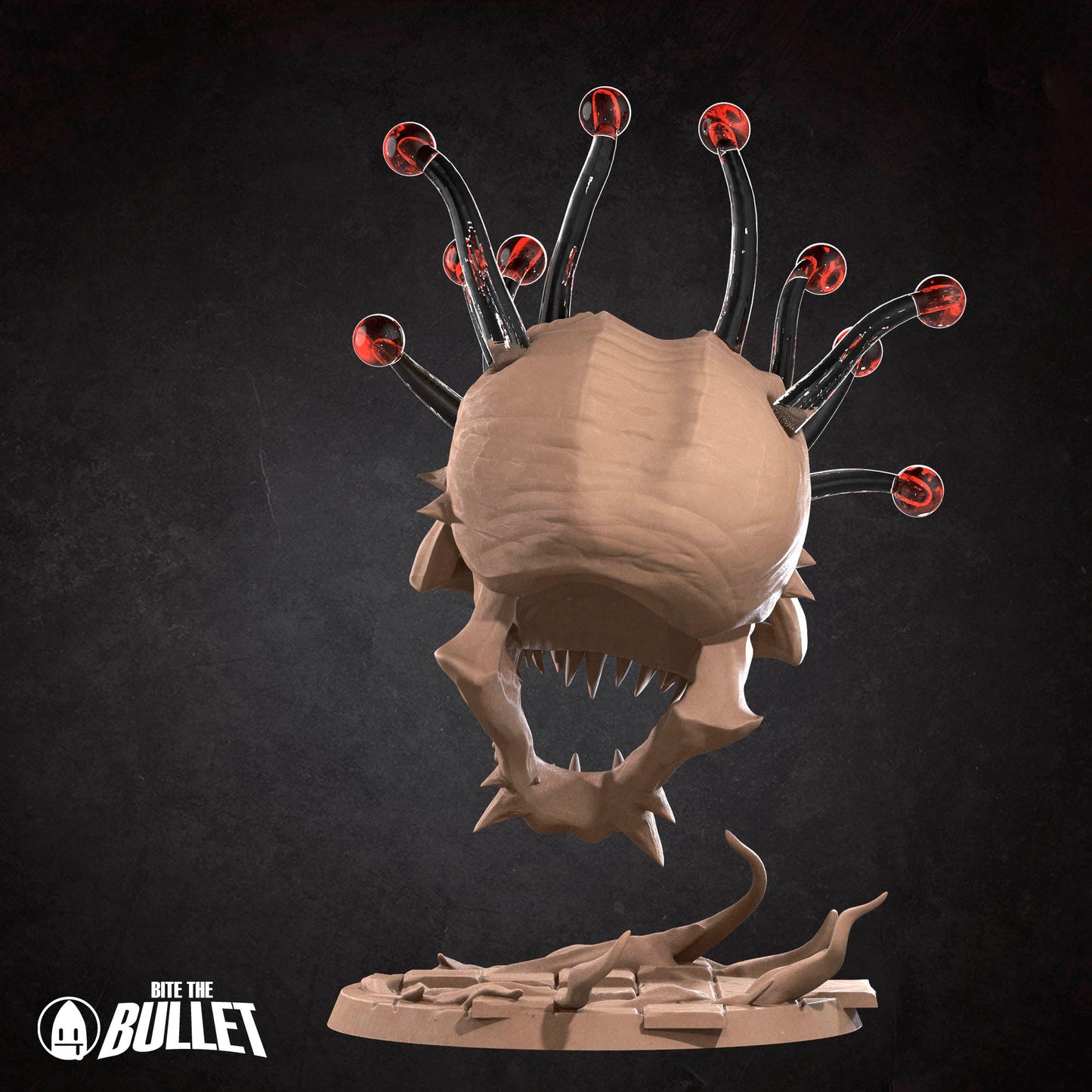 A 3D rendering of a large, abstract creature with a skull-like head and sharp teeth, surrounded by numerous red and black spheres. The creature appears to be floating or hovering in the air against a dark background.