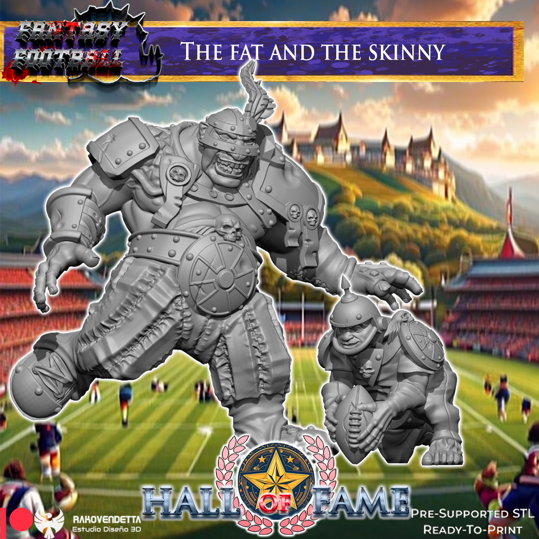 The image is a fantasy football advertisement featuring a large, imposing statue of a football player in a fighting stance, with a smaller statue of a football player kneeling in front of him. The background depicts a football field with a castle in the distance.