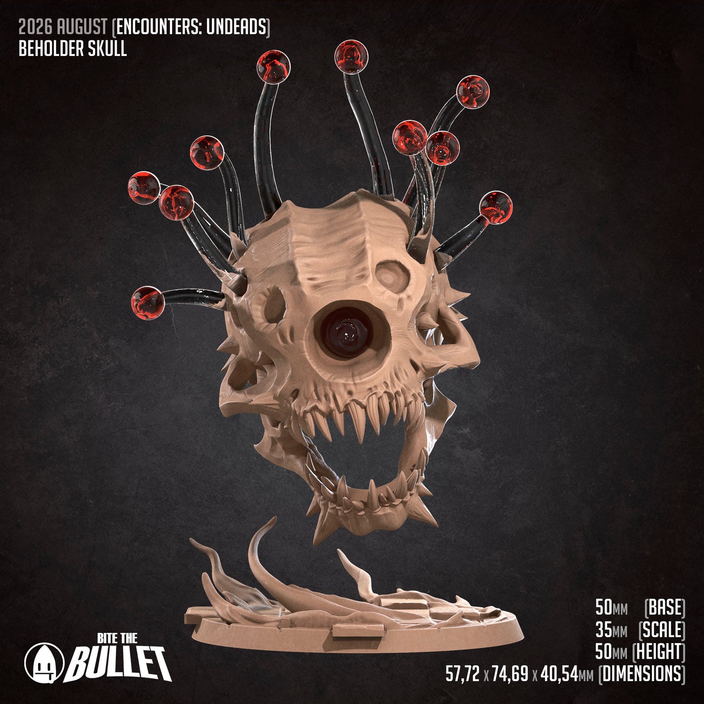 The image is a promotional poster for a "Beholder Skull" from the video game "Bite the Bullet". The skull is a 3D model of a skull with spikes protruding from it, and it is displayed on a stand. The poster includes various details about the skull, such as its size, base, scale, and dimensions.