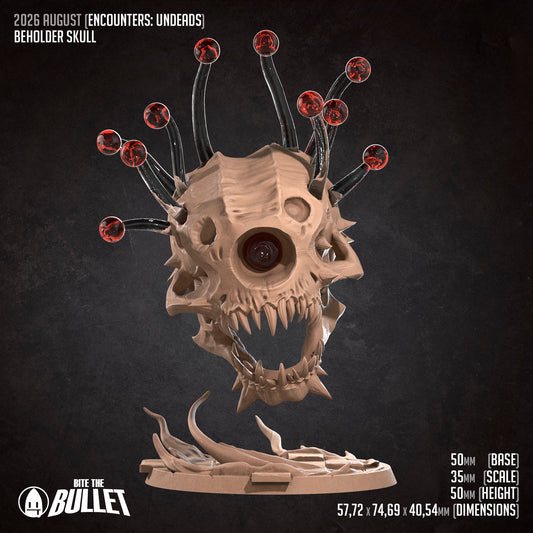 The image is a promotional poster for a "Beholder Skull" from the video game "Bite the Bullet". The skull is a 3D model of a skull with spikes protruding from it, and it is displayed on a stand. The poster includes various details about the skull, such as its size, base, scale, and dimensions.