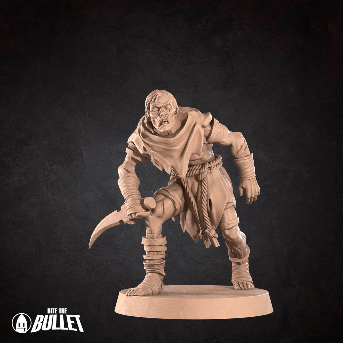 A 3D model of a character from the video game Bite the Bullet, which is a zombie-themed game. The character is depicted in a crouched position, holding a weapon, and appears to be in a fighting stance.