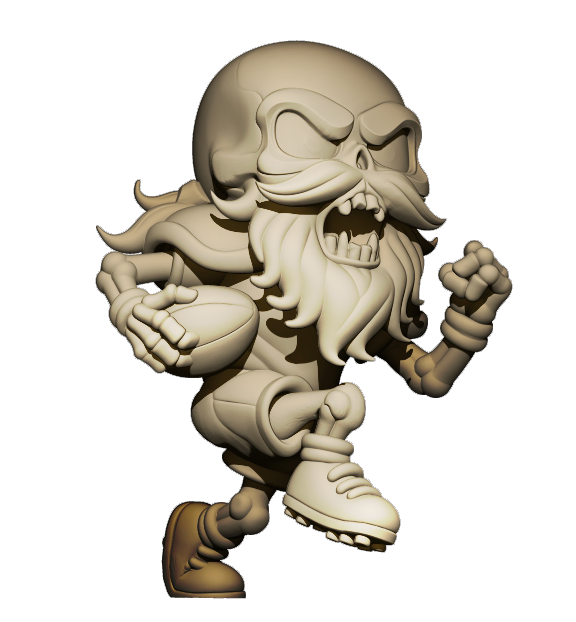 A 3D rendering of a cartoon character resembling a skull with a beard and mustache, wearing a football jersey and shoes, and holding a football.