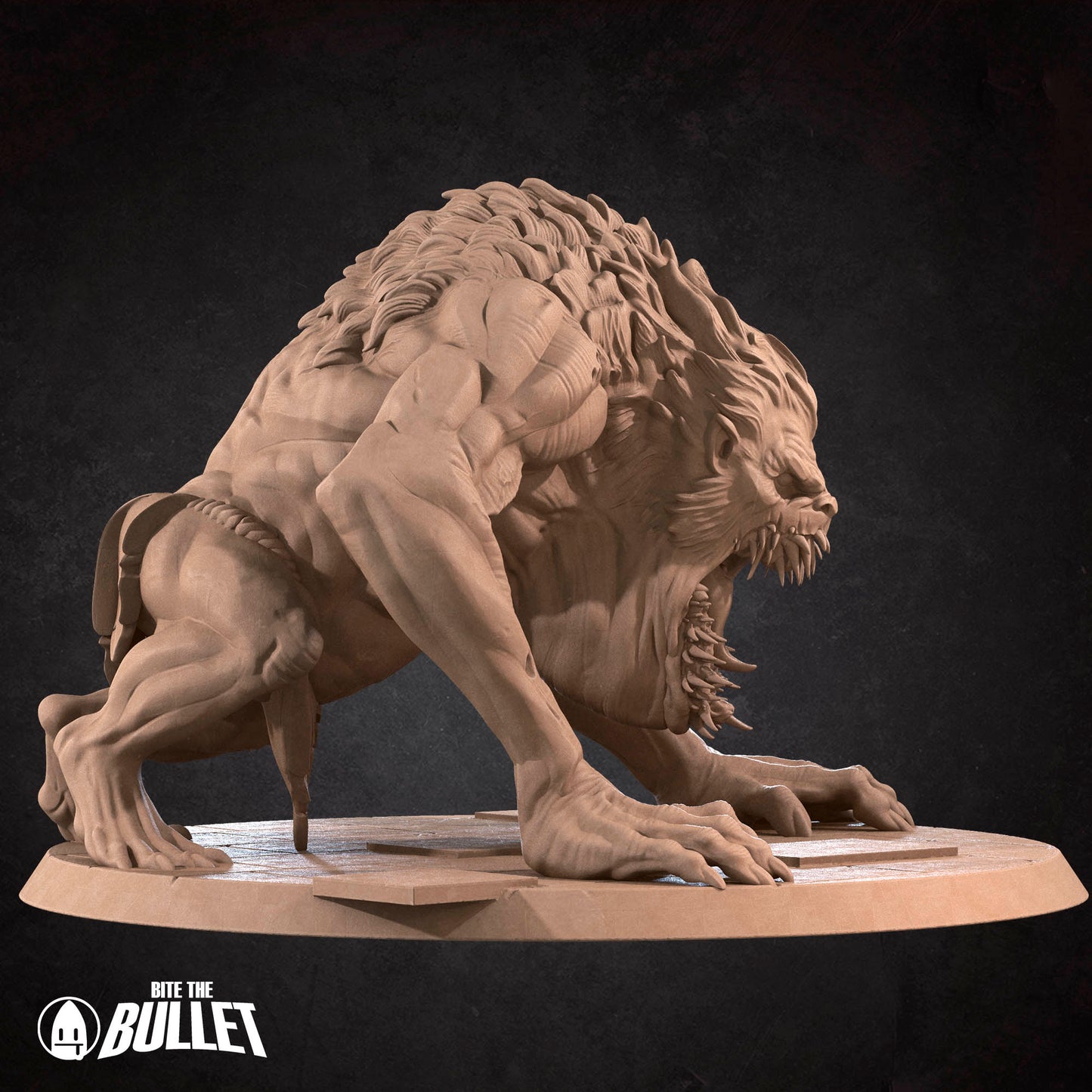 A 3D rendering of a fierce-looking monster or creature with sharp teeth and claws, standing on a platform.