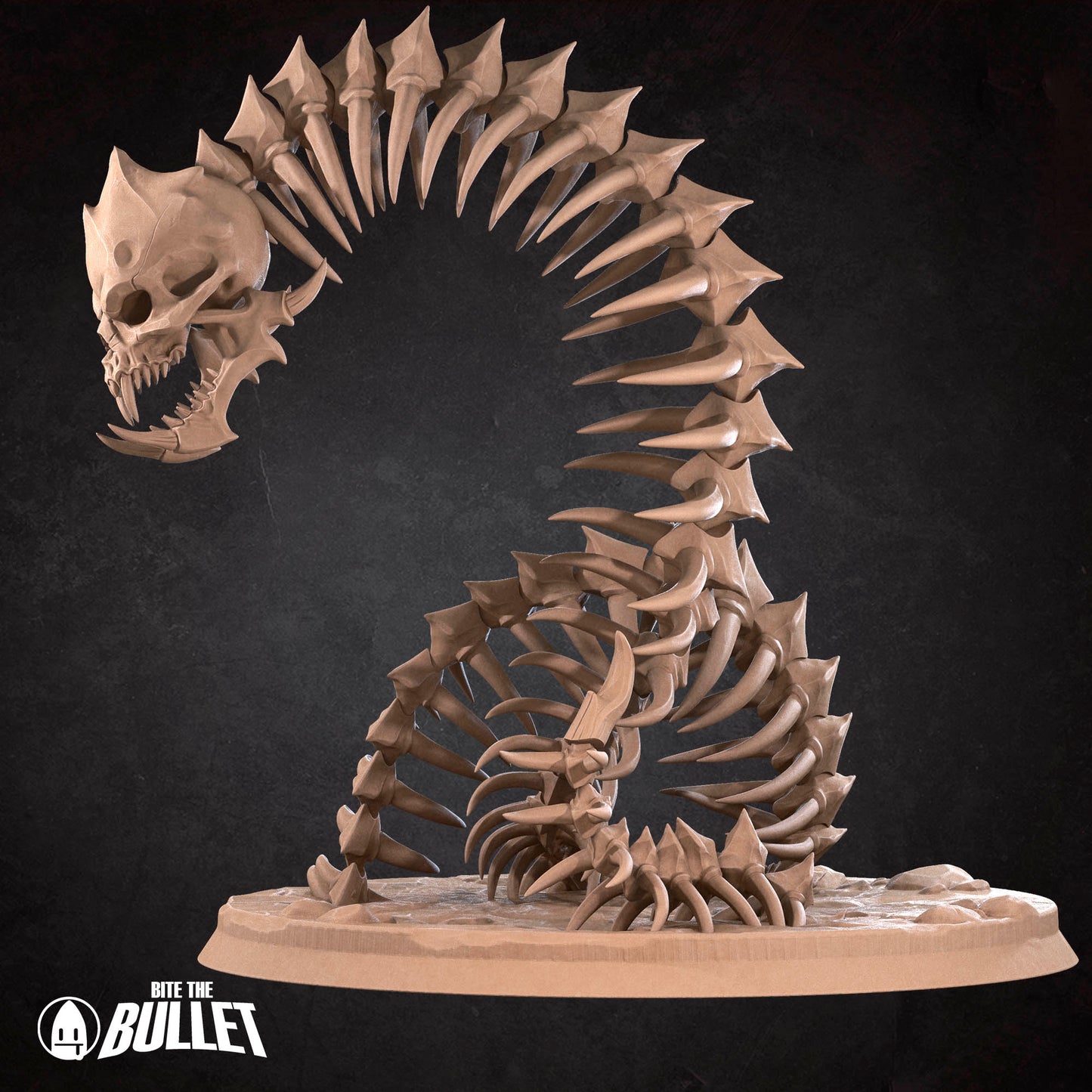 A 3D rendering of a skeletal structure resembling a coiled snake or serpent, with sharp teeth and a menacing appearance.