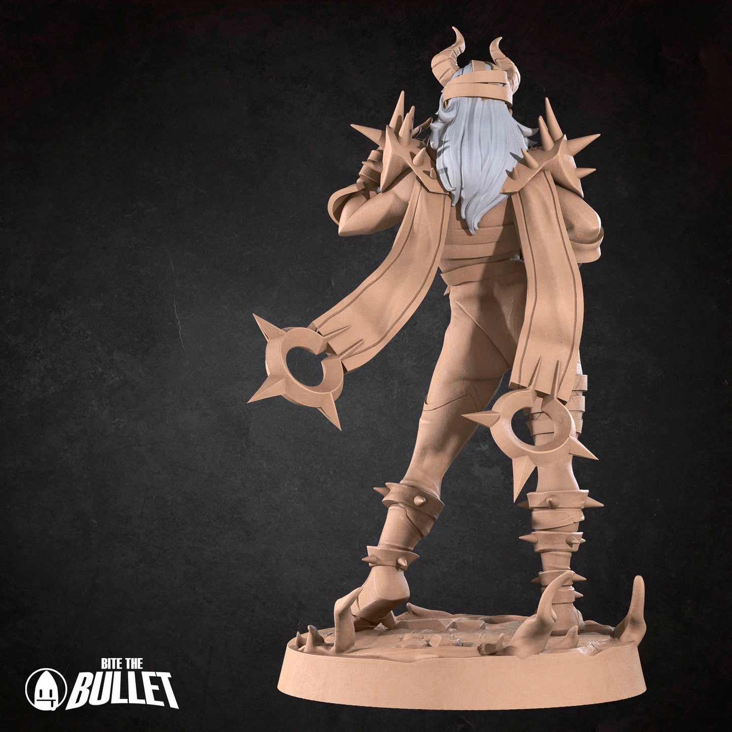 A 3D rendering of a character with horns and a long beard, wearing a brown outfit with spikes and holding a weapon. The character is standing on a platform with spikes on the ground.