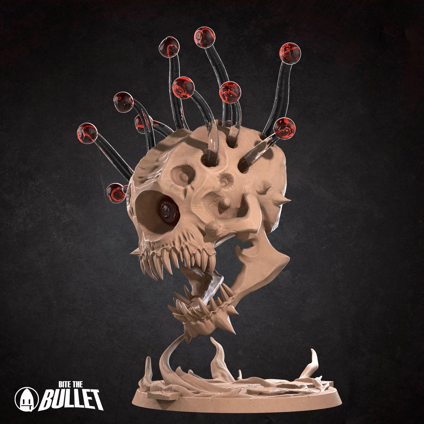 A 3D rendering of a skull-like creature with sharp teeth and red glowing eyes, surrounded by numerous small red objects.