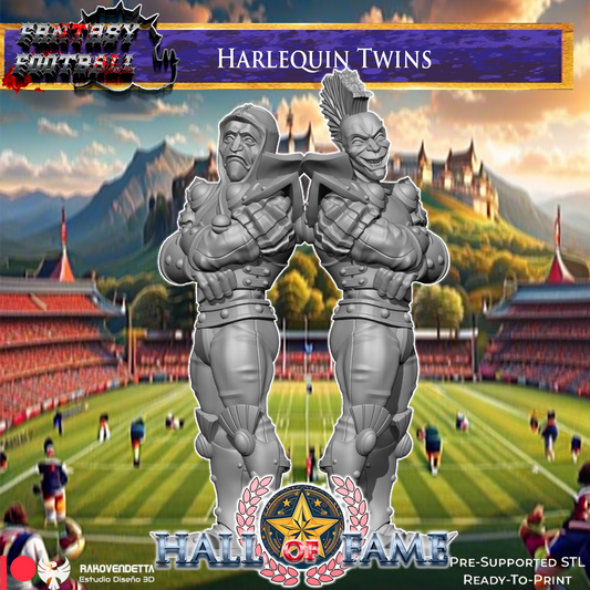 The image is a promotional poster for a fantasy football game called "Harlequin Twins". It features two large statues of harlequin twins standing on a football field, with a castle in the background. The game is described as "PRE-SUPPORTED SL" and "READY-TO-PRINT", indicating that it is ready for distribution.