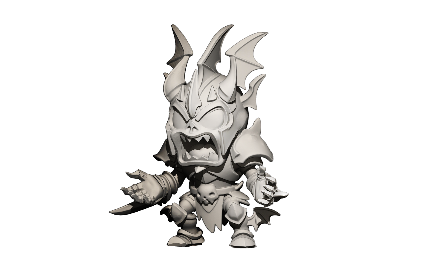 A 3D model of a fierce-looking, horned character with sharp teeth and claws, standing in a dark, shadowy environment.