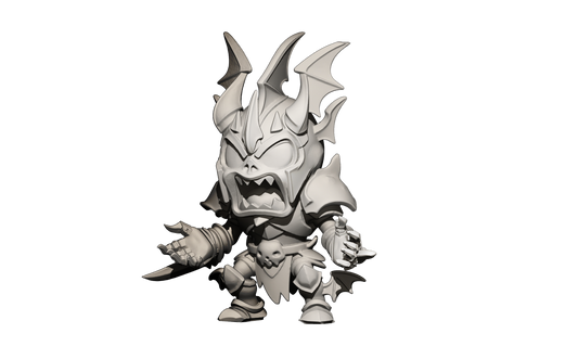 A 3D model of a fierce-looking, horned character with sharp teeth and claws, standing in a dark, shadowy environment.