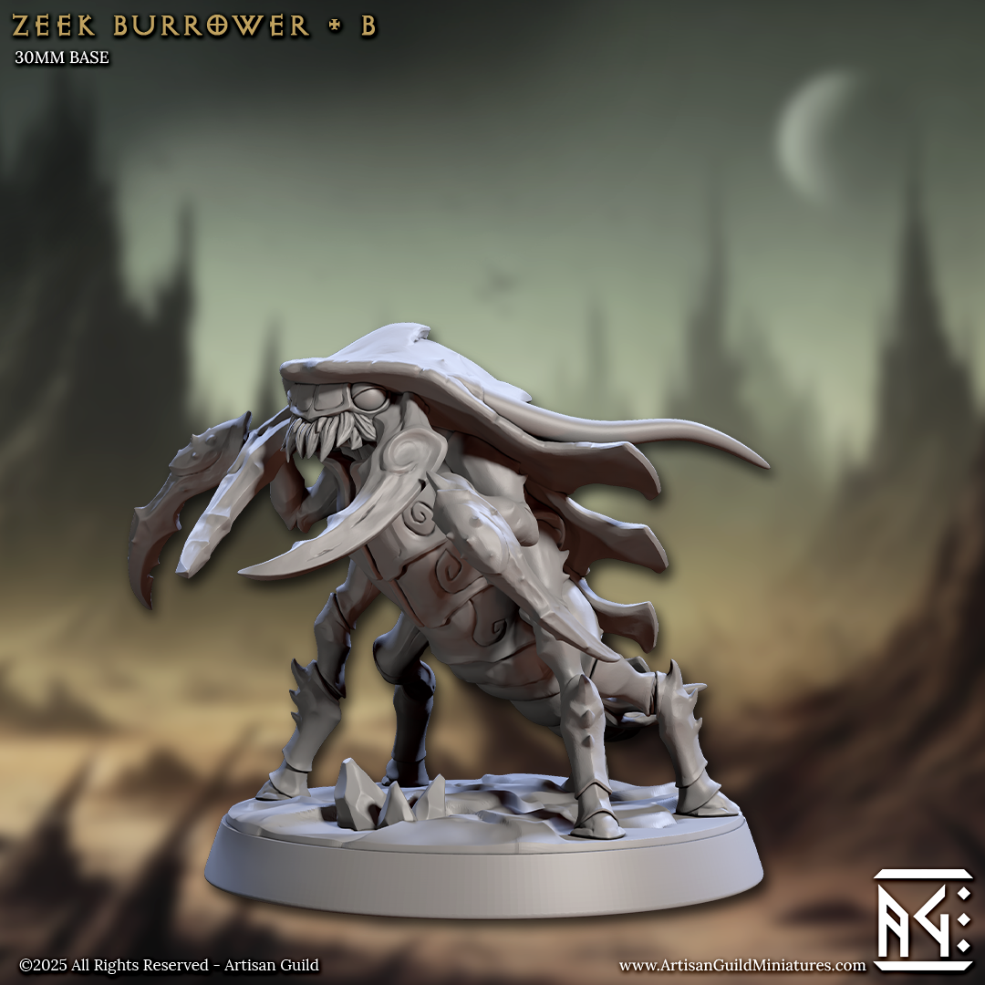 a detailed 3D model of a bug-like creature with a large head, long antennae, and sharp teeth, standing on a base. The background is a blurred landscape with mountains and a crescent moon, creating a fantastical and otherworldly setting.