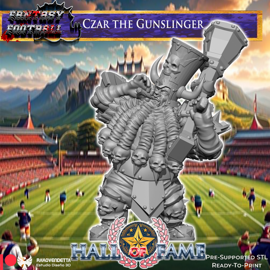 The image is a promotional poster for a fantasy football game called "Czer the Gunslinger". It features a large, imposing figure resembling a character from the game, standing on a football field with a stadium in the background. The game appears to be a fantasy football game, as indicated by the text "Fantasy Football" and "Czer the Gunslinger".