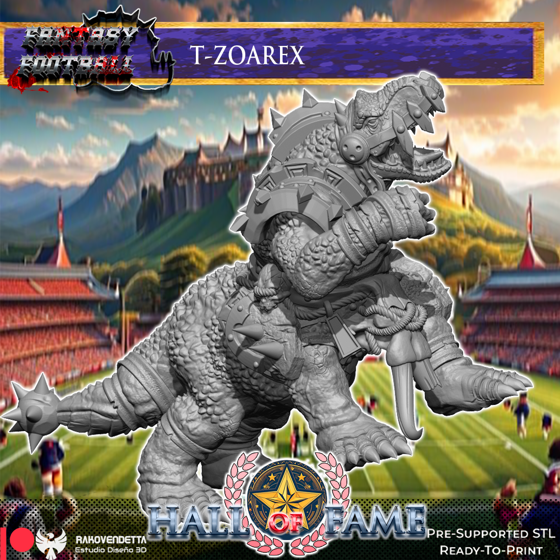 a large, detailed statue of a T-zoarex, a fantasy football player, in a stadium setting with mountains in the background.