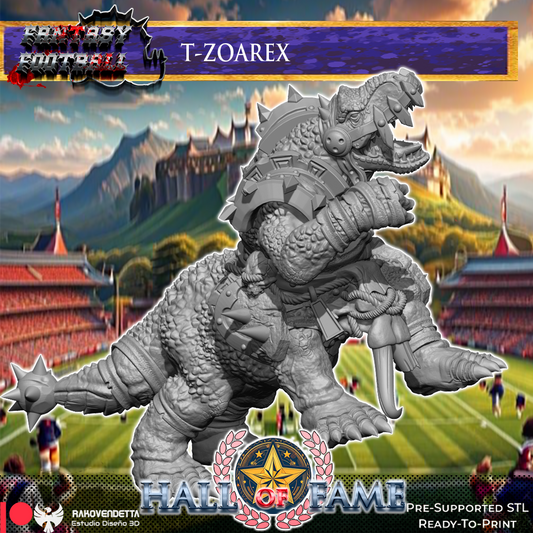 a large, detailed statue of a T-zoarex, a fantasy football player, in a stadium setting with mountains in the background.