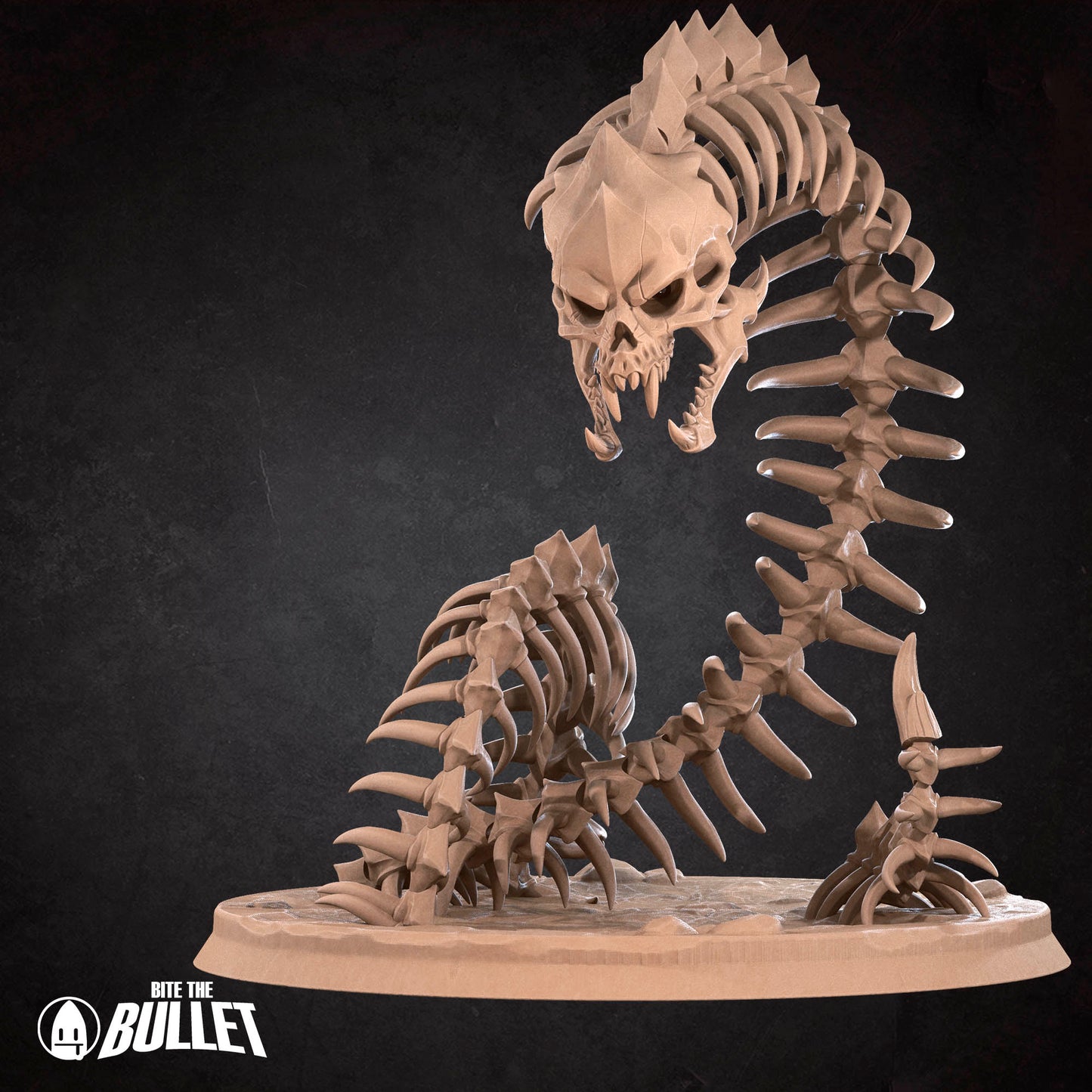 A 3D rendering of a skeletal structure resembling a snake or cobra, with sharp teeth and a menacing expression.