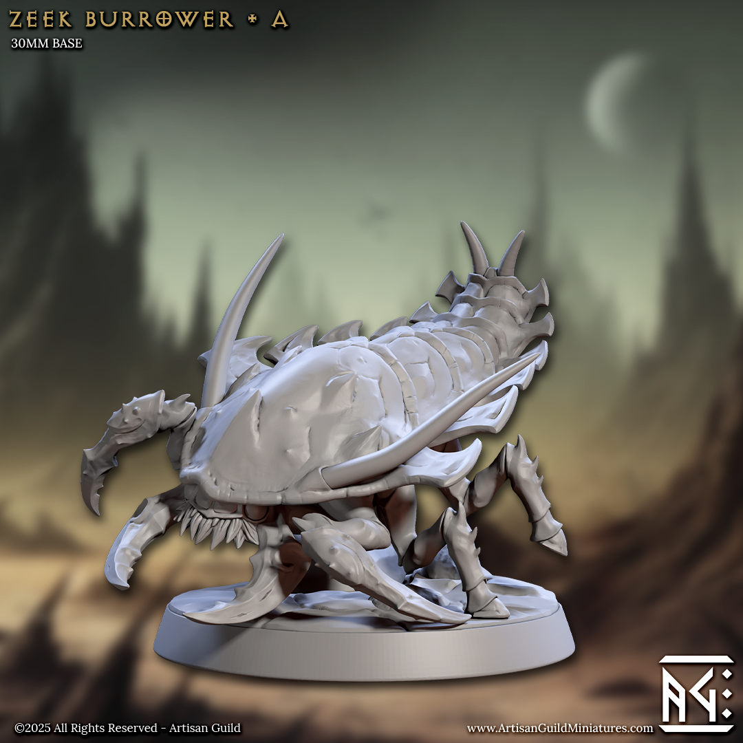 a detailed 3D model of a bug-like creature, which appears to be a burrowower or a similar type of insect-like creature. The creature is standing on a base and has a large head and multiple legs, giving it a distinctive and intricate appearance. The background of the image is a blurred landscape, which adds to the overall aesthetic of the image.